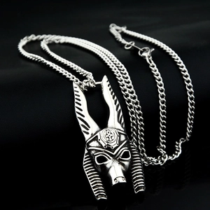 Retro Anubis mask pendant in oxidized steel on a thick curb chain for men and women