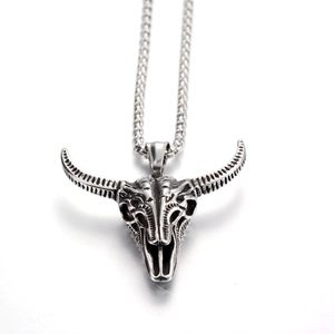 Vintage stainless steel bull skull pendant necklace with oxidized hip hop style design
