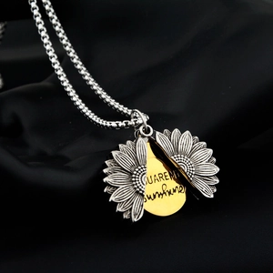 Collier Médaillon Tournesol Vintage en Acier Inoxydable Gravé You Are My Sunshine Pendentif Fleur Unisexe Bijoux