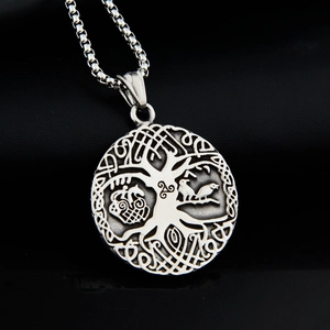 Vintage Wikinger Weltenbaum Kette mit Eule und Raben auf rundem Edelstahl Anhänger