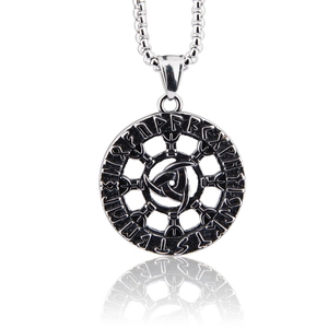 Detail view of Viking Odin pendant with Nordic runes and vintage silver finish