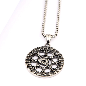 Close-up of Viking Valknut pendant with Rune alphabet circle on aged steel chain
