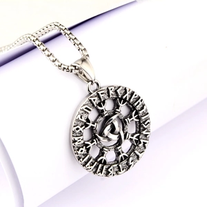 Vintage Viking Odin horn pendant necklace in oxidized steel with runic engraving