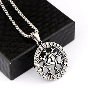 Vintage stainless steel Viking Odin Triskelion necklace with Runic symbols on a gift box