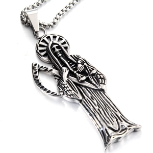 Collier hip hop en acier inoxydable avec pendentif Santa Muerte et faux sur chaîne argent