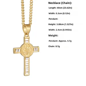 Detail view of a gold cross necklace showing pendant dimensions and chain length specs