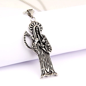 Collier avec pendentif faucheuse gothique hip-hop en acier inoxydable argent vieilli