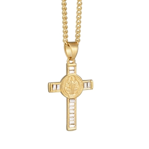 Hip hop titanium steel cross pendant necklace with Saint Benedict medal and zircons