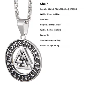 Detailed specs of Viking Valknut pendant necklace with runes and polished steel chain