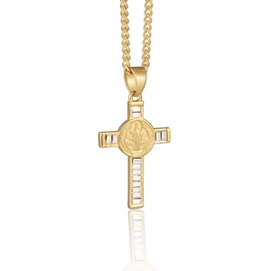 Hip Hop St Benedict Medal Cross Pendant Necklace Stainless Steel Baguette Zirconia Gold Silver Religious Jewelry Unisex