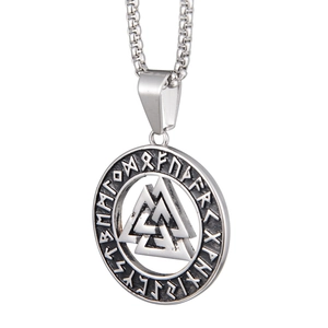 Viking Valknut pendant necklace in stainless steel with Nordic runes and box chain