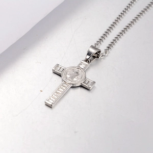 Hip-hop titanium steel cross pendant necklace with Benedict medal and inlaid crystals