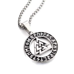 Vintage silver Viking Valknut pendant necklace with Nordic runes on a stainless steel chain