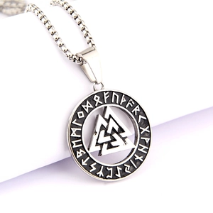 Viking Valknut triangle necklace in vintage silver stainless steel with runic engraving