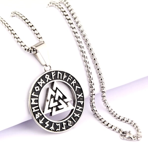 Detail of Viking Valknut pendant with carved Runes and polished pearl chain necklace