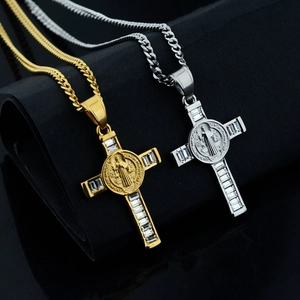 Hip hop titanium steel cross pendant necklace with zircon in gold and silver finish