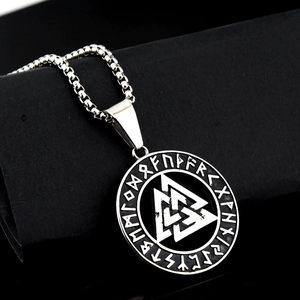 Vintage stainless steel Viking Valknut pendant necklace with Runic alphabet circle
