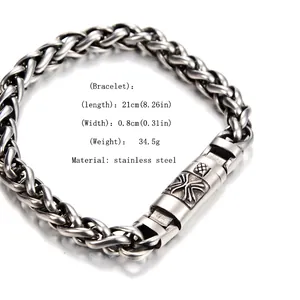 Bracelet chaîne épi en acier inoxydable pour hommes avec fermoir croix sculptée