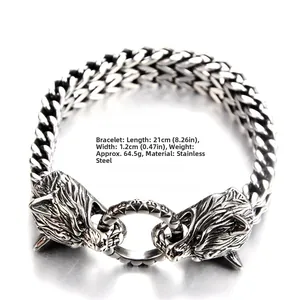 Detailansicht eines Doppel-Wolfskopf-Armbands aus Vintage-Stahl mit geflochtenen Gliedern