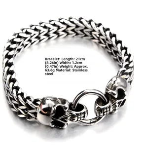 Détails et dimensions du bracelet punk en acier inoxydable avec breloques crâne