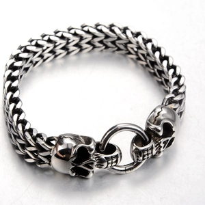 Bracelet en Acier Titane Double Crâne Punk pour Hommes Femmes Rétro Vieilli Gothique Chaîne Tressée Bracelet Bijoux Hip Hop