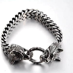 Vintage Wikinger Doppelter Wolfskopf Edelstahl Armband Für Herren Hip Hop Punk Schwere Weizenkette Schmuck Geschenk