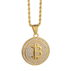 Halskette mit vergoldetem Bitcoin-Anhänger und zwei Reihen funkelnder Kristalle im Hip-Hop-Stil