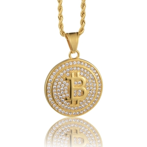 Hip Hop Titanstahl Bitcoin Symbol Rund Anhänger Halskette Für Herren Damen Gold Strass Eingelegt Kordelkette Schmuck Geschenk