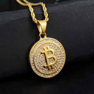 Hip-Hop Gold Bitcoin Anhänger Kette mit funkelnden Zirkonia auf runder Stahl Medaille