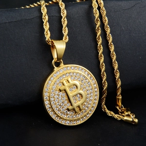 Hiphop-Halskette mit goldenem Bitcoin-Anhänger, Zirkonia-Steinen und Seilkette für Herren