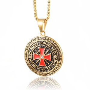 Collier Médaille Chevalier Templier Acier Inoxydable Émail Rouge Croix Zircon Religieux Homme Femme Or Argent Hip Hop