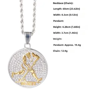 Size guide showing hockey player pendant measurements and stainless steel chain dimensions