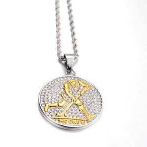 Detail of hockey player pendant with sparkling crystals and silver rope chain