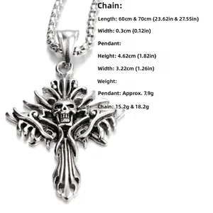 Pendentif croix tête de mort gothique en argent vintage avec collier chaîne box de 60cm