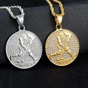 Hip hop hockey player round pendant necklace with zircon pavé in gold and silver finish