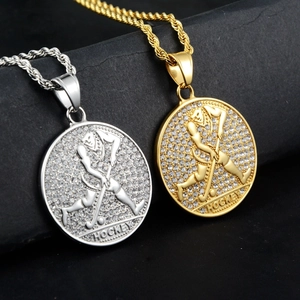 Iced out hockey player circular pendant necklaces in gold and silver finish with rope chain