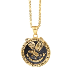 Collier hip hop en acier titane avec pendentif aigle rond et gravure de service humanitaire