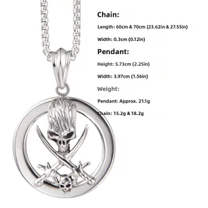Detailed specs of hip hop skull and crossbones pendant with dimensions and weight info