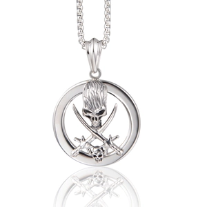 Gothic Pirate Skull Crossed Swords Pendant Necklace Stainless Steel Hip-Hop Punk Jewelry Men Women Silver Circle Ring Charm