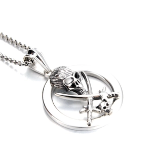 Hip hop titanium steel necklace featuring skull and crossed swords pendant on bead chain