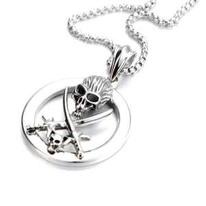 Gothic punk skull pendant necklace with crossed swords design in silver stainless steel