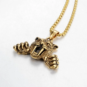 Collier avec pendentif tête de tigre en acier titane style hip hop, fini vieil or