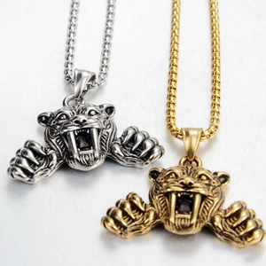 Collier Pendentif Tête de Tigre à Dents de Sabre en Acier Inoxydable Hip Hop Vintage Punk Bijoux Pour Hommes Femmes Cadeau