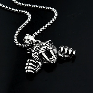 Collier avec pendentif tête de tigre en argent poli style hip-hop vintage pour homme femme