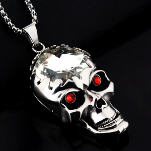 Collier Pendentif Crâne Gothique Hip Hop Acier Inoxydable Titane Métal Yeux Zircone Rouge Grand Cristal Punk Rock Bijoux