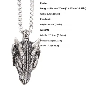 Macro detail of a vintage stainless steel triceratops skull pendant with sturdy box chain