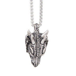 Vintage dragon head pendant necklace in silver stainless steel with detailed scales
