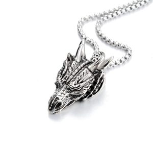 Vintage dragon head pendant necklace in antique silver steel with round bead chain link