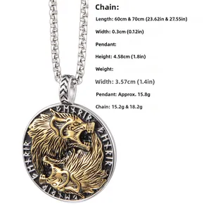 Detail view of Viking wolf pendant with dimensions showing size and weight specifications