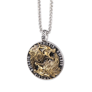 Nordic Viking double wolf pendant necklace in silver and gold tone stainless steel